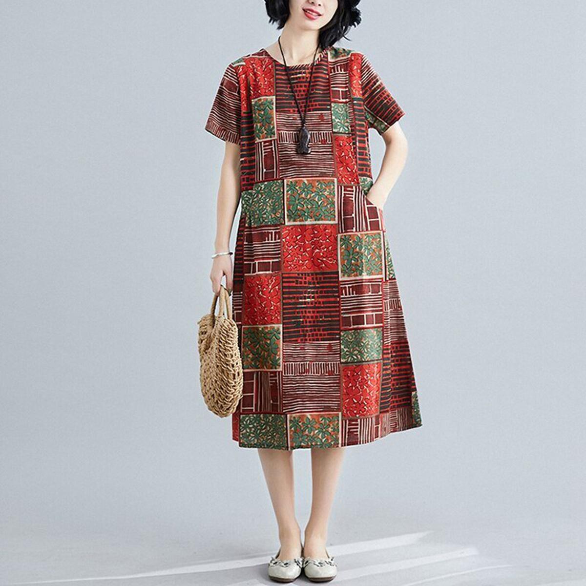 Women's Round Neck Temperament Dress Short-Sleeve Fashion Print Loose Waist Mid-Length Dress