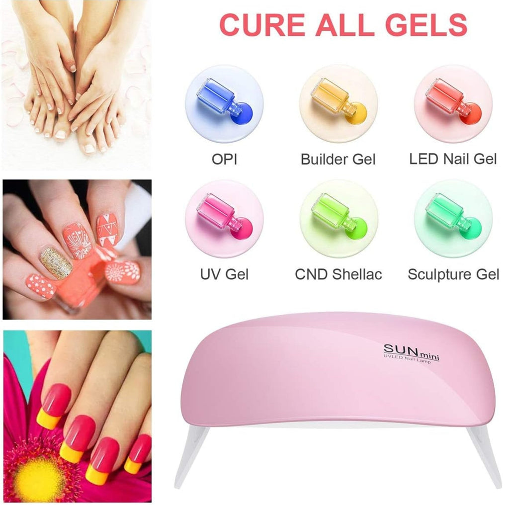 SUN Mini 6W UV LED Nail Lamp Nail Dryer UV Lamp Nail Lamp Nail Art Tools Foldable 45s 60s Timer Setting for Nails Art Manicure (Pink)