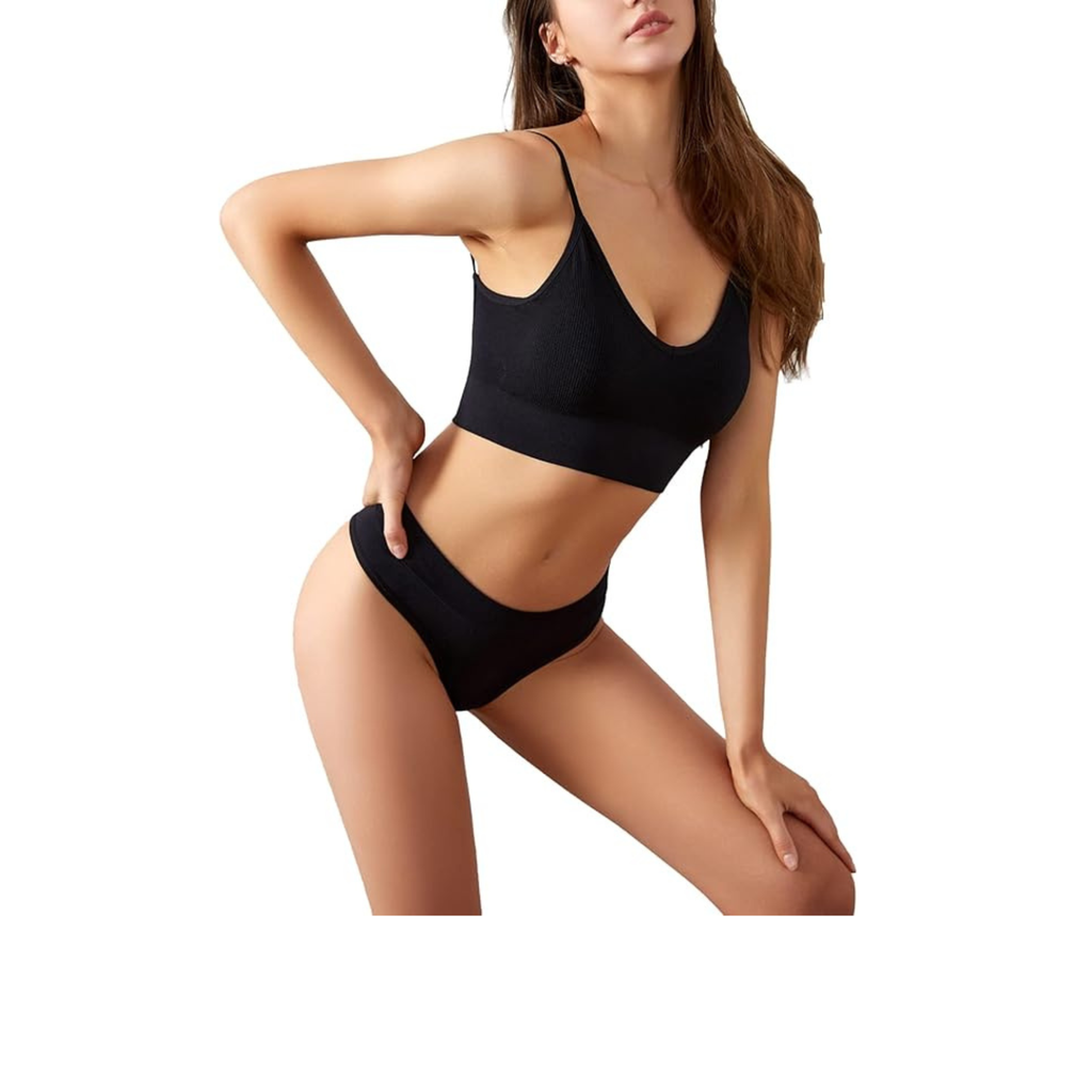 ANUFER Womens Basic Lingerie Sets Ribbed Wireless Padded Cami Bra and Knickers Underwear Sets for Yoga Sports and Sleep