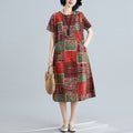 Women's Round Neck Temperament Dress Short-Sleeve Fashion Print Loose Waist Mid-Length Dress