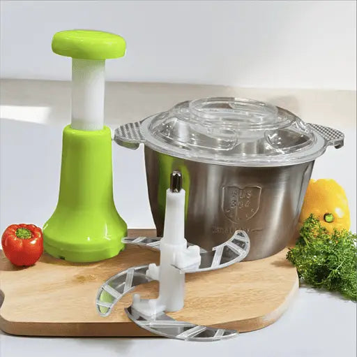 FALARI Stainless Steel Manual Food Chopper 2L – Multi-Purpose Vegetable, Fruit & Nut Cutter with Hand Push Blades
