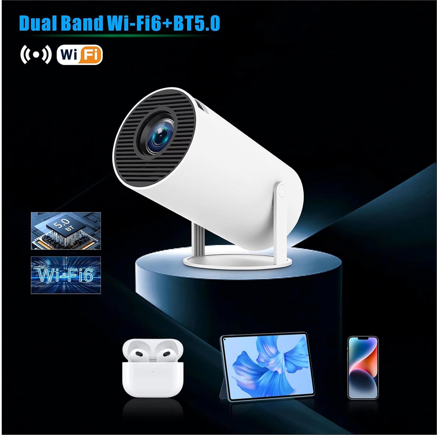 ihero WIFI Smart Mini Projector, Portable, 180 Degree, HDR ULTRA HD 1080P, Dual-Band WiFi 6 5G, Bluetooth 5.0, Android 11, 130 Inch Display, For Phone/PC/Laptop/PS5/Stick, 1080 Home Cinema Projector, HDMI