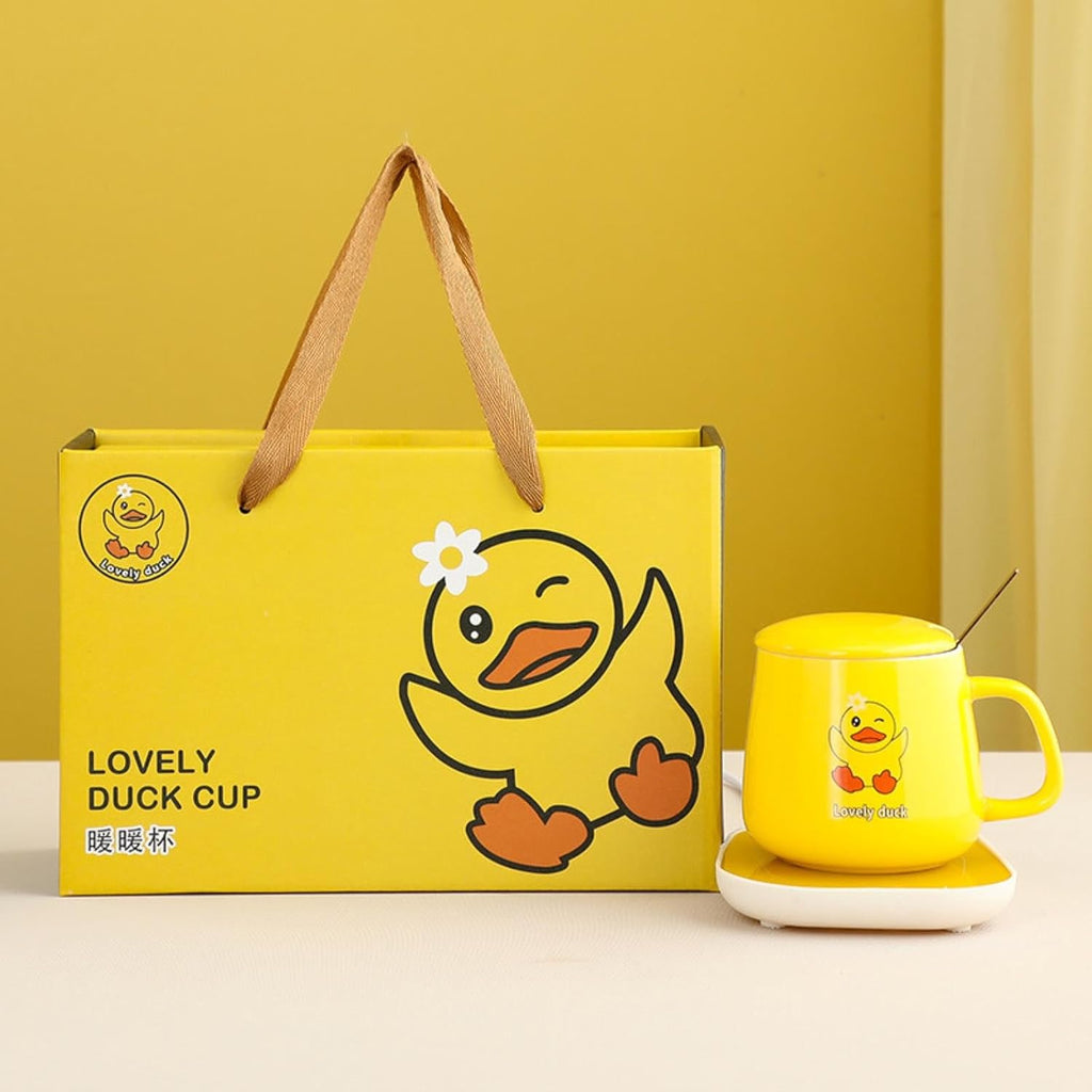 250ml Cartoon Yellow Duck Constant Temperature 55 Degree Ceramic Mug With Lid And Spoon, Heated Coaster Gift Box-Little Yellow Duck - Gift Box Package