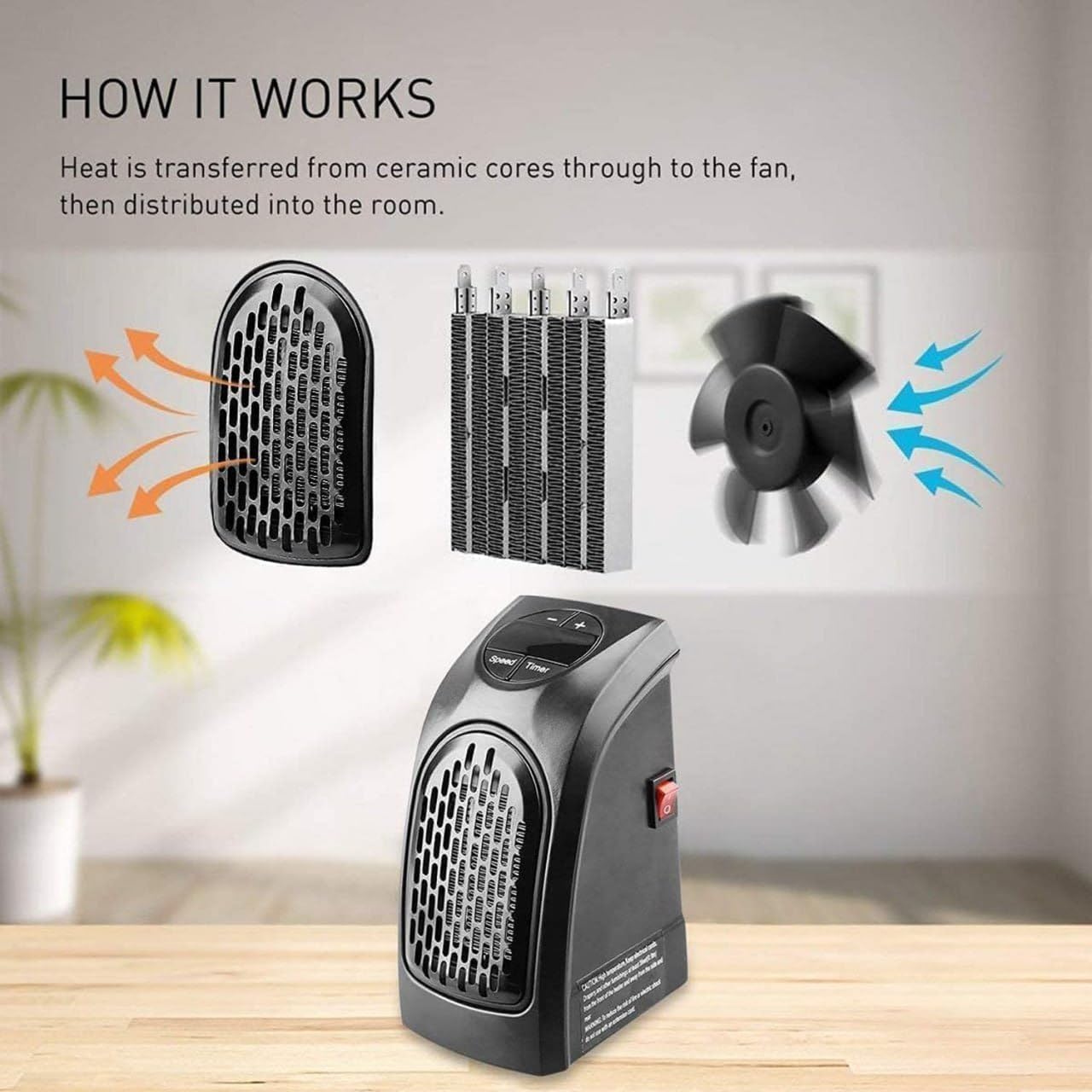 Handy Electric Heater, 400 Watts Heater, Plug-In Heatter, Mini, Portable Room, Office, Bedroom Warmer with LED Display, Set Temperature, and Stylish Design With Remote (Black)