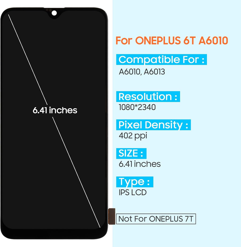 Screen Replacement for OnePlus 6T LCD Display, LCD Screen Replacement for OnePlus 6T A6010 A6013 6.41" Touch Screen Digitizer Assembly with Repair Kits