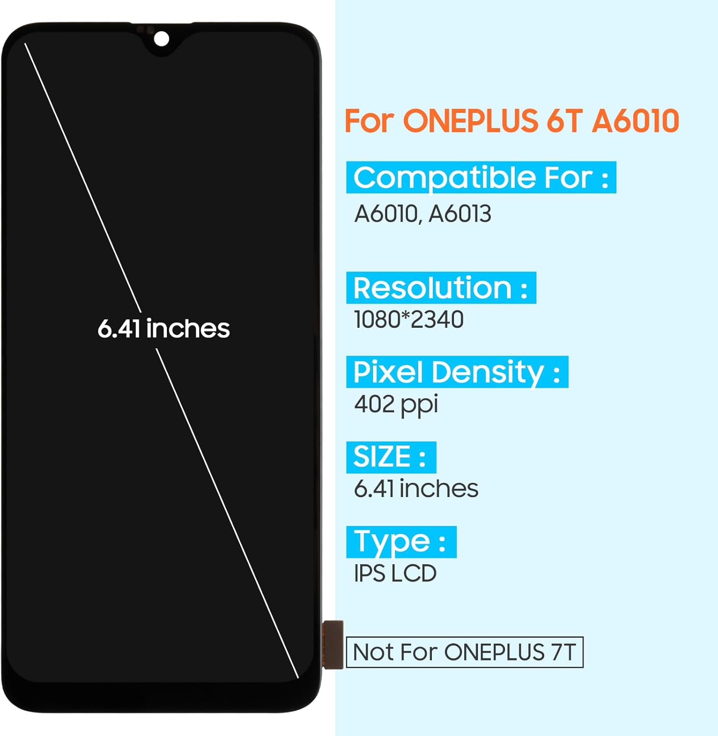 Screen Replacement for OnePlus 6T LCD Display, LCD Screen Replacement for OnePlus 6T A6010 A6013 6.41" Touch Screen Digitizer Assembly with Repair Kits