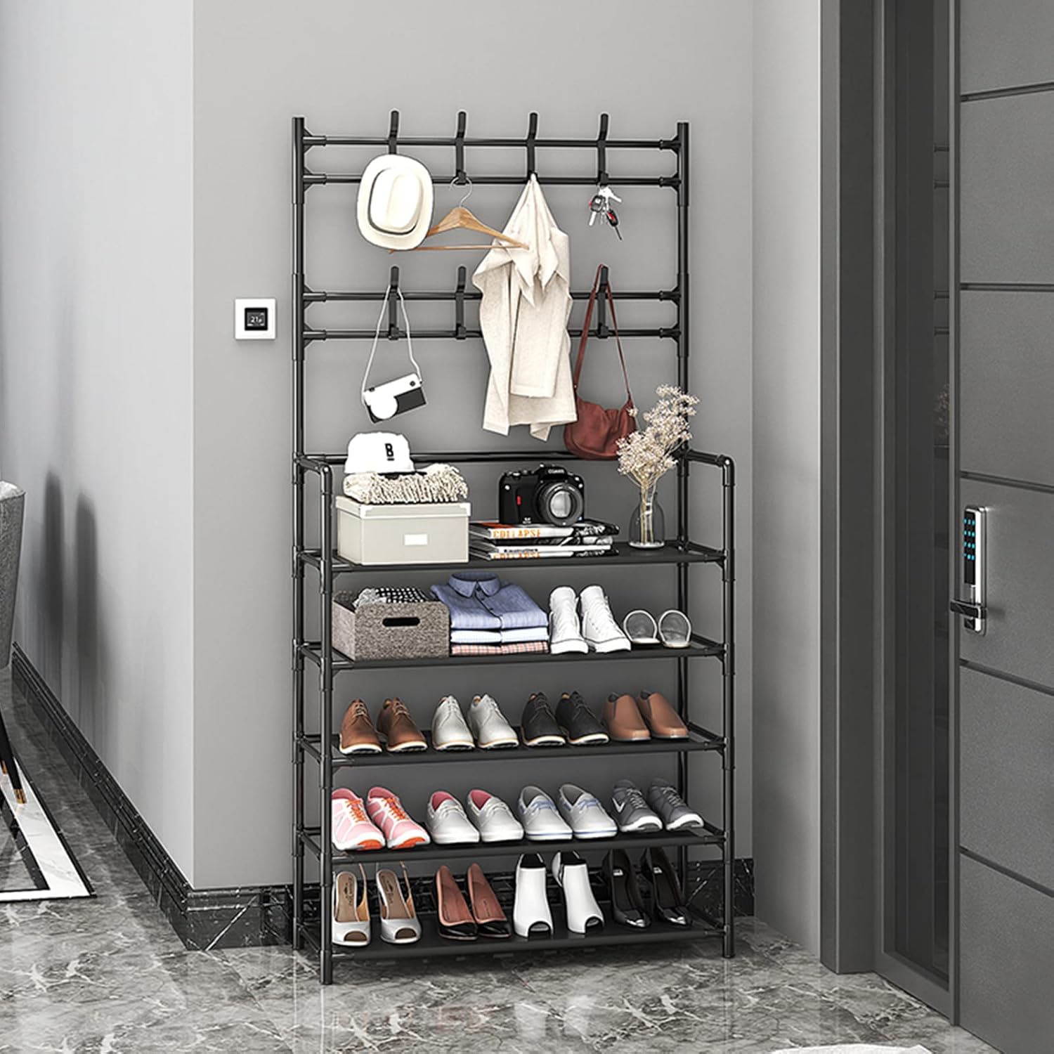 Multifunctional Shoe and Hat Rack - Hall Tree,Freestanding Shoe Rack, Coat Hat Umbrella Rack,Storage Shelves,Entryway Coat Rack,Organizer Closet for Bedroom,Cloakroom (5 Tier, Black)