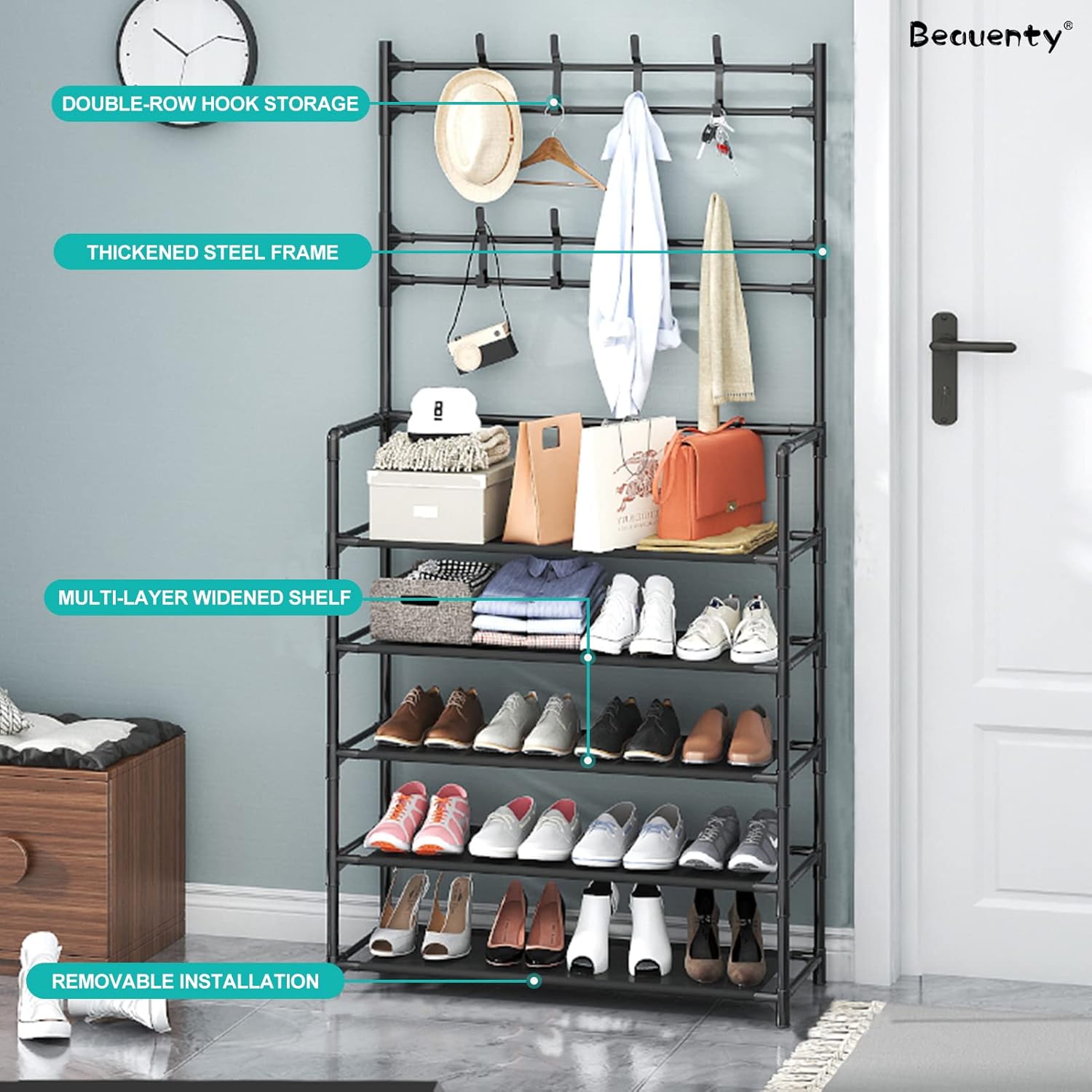 Multifunctional Shoe and Hat Rack - Hall Tree,Freestanding Shoe Rack, Coat Hat Umbrella Rack,Storage Shelves,Entryway Coat Rack,Organizer Closet for Bedroom,Cloakroom (5 Tier, Black)