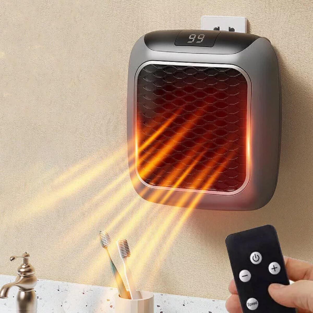 Electric New Handy Heater Turbo Wall-Outlet 800 Watts with Temperature Control Remote| Mini Heater, Portable Heater| Mini Heater for Bedroom (Office Work Room, Bathrooms, Rooms) - CREZO GREY