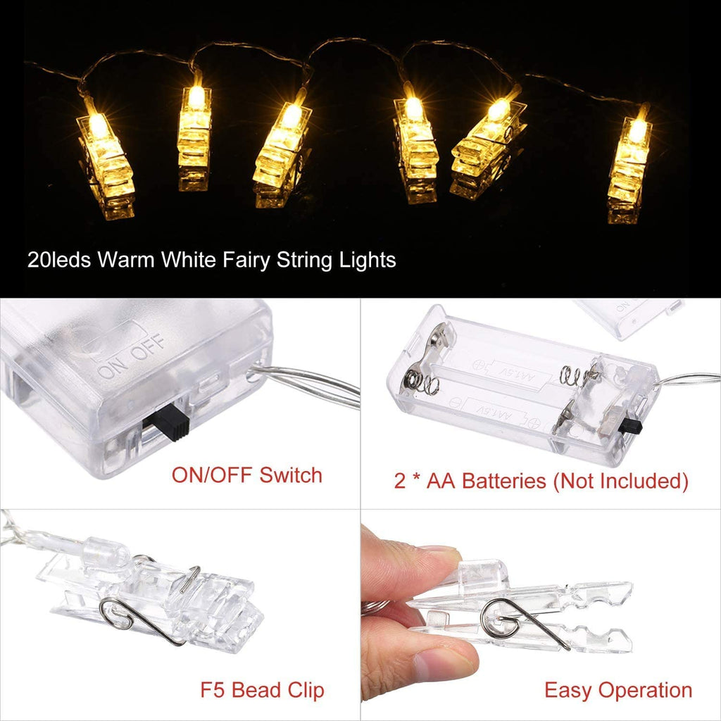 Lixada Fairy Lights Photo Clip String Lights - 7.22FT 20 LED Warm White Battery Powered Photo String Lights for Hanging Pictures Cards in Living Room Bedroom Party Wall Wedding