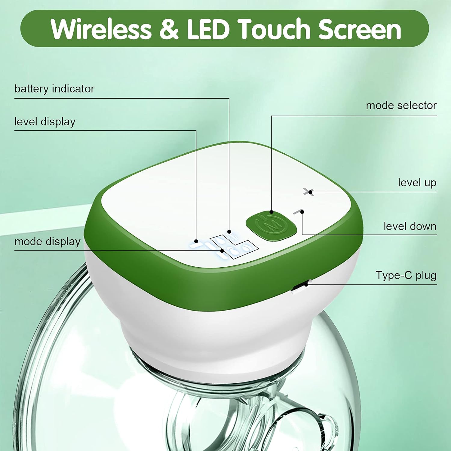 Breast Pump, Hands-Free Wearable Electric Breast Pump Portable Rechargeable LED Display Breastfeeding Breast Pump 3 Modes with 28mm 24mm 21mm Flanges (Green White)