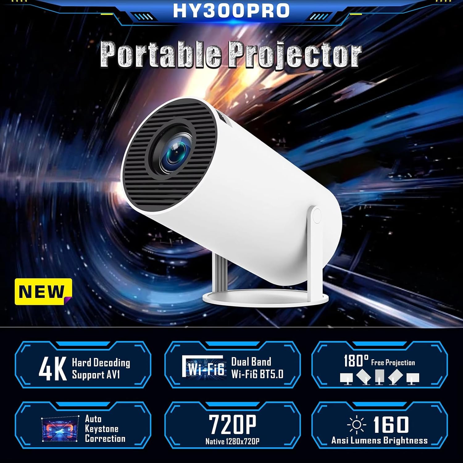 ihero WIFI Smart Mini Projector, Portable, 180 Degree, HDR ULTRA HD 1080P, Dual-Band WiFi 6 5G, Bluetooth 5.0, Android 11, 130 Inch Display, For Phone/PC/Laptop/PS5/Stick, 1080 Home Cinema Projector, HDMI