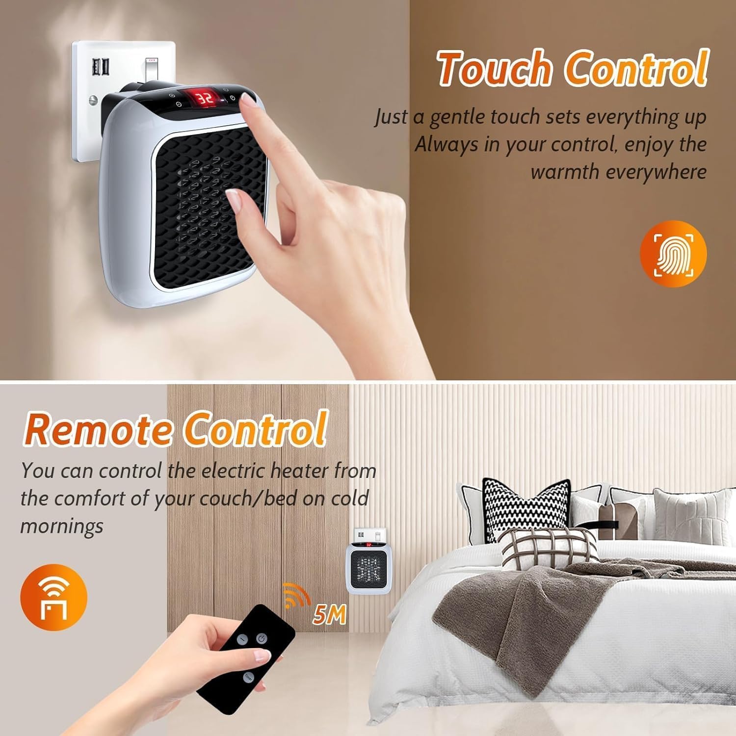 Electric New Handy Heater Turbo Wall-Outlet 800 Watts with Temperature Control Remote| Mini Heater, Portable Heater| Mini Heater for Bedroom (Office Work Room, Bathrooms, Rooms) - CREZO GREY