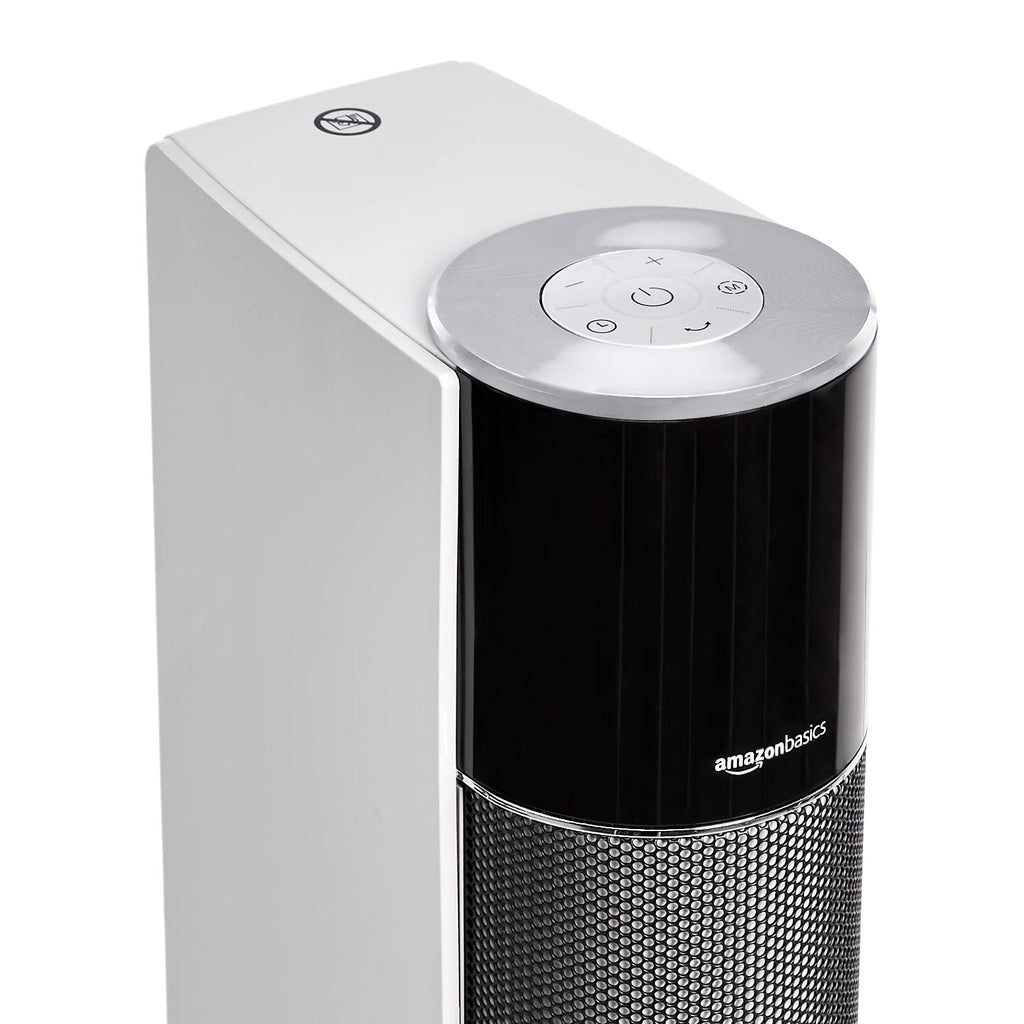 Amazon Basics ECO Oscillating Portable Tower Heater, 2 Fan Speeds, 3 Heat Settings, Timer and Remote Control, with UK plug, 2200W, White