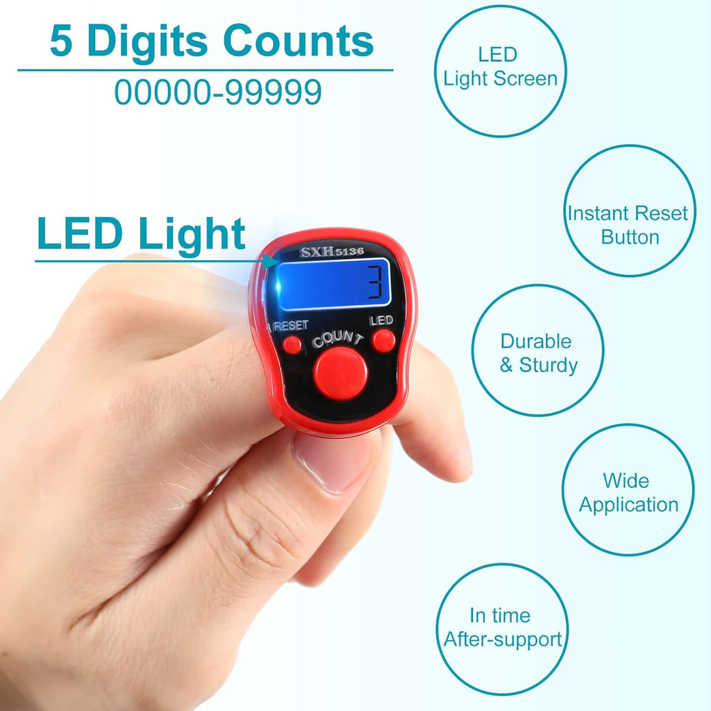 5pcs Finger Counter -Islamic Tasbih Bead- 5 Digital LED Electronic Handheld Tally Counter Clicker with Case Mechanical Manual Clicker Number Lap Tracker Counter