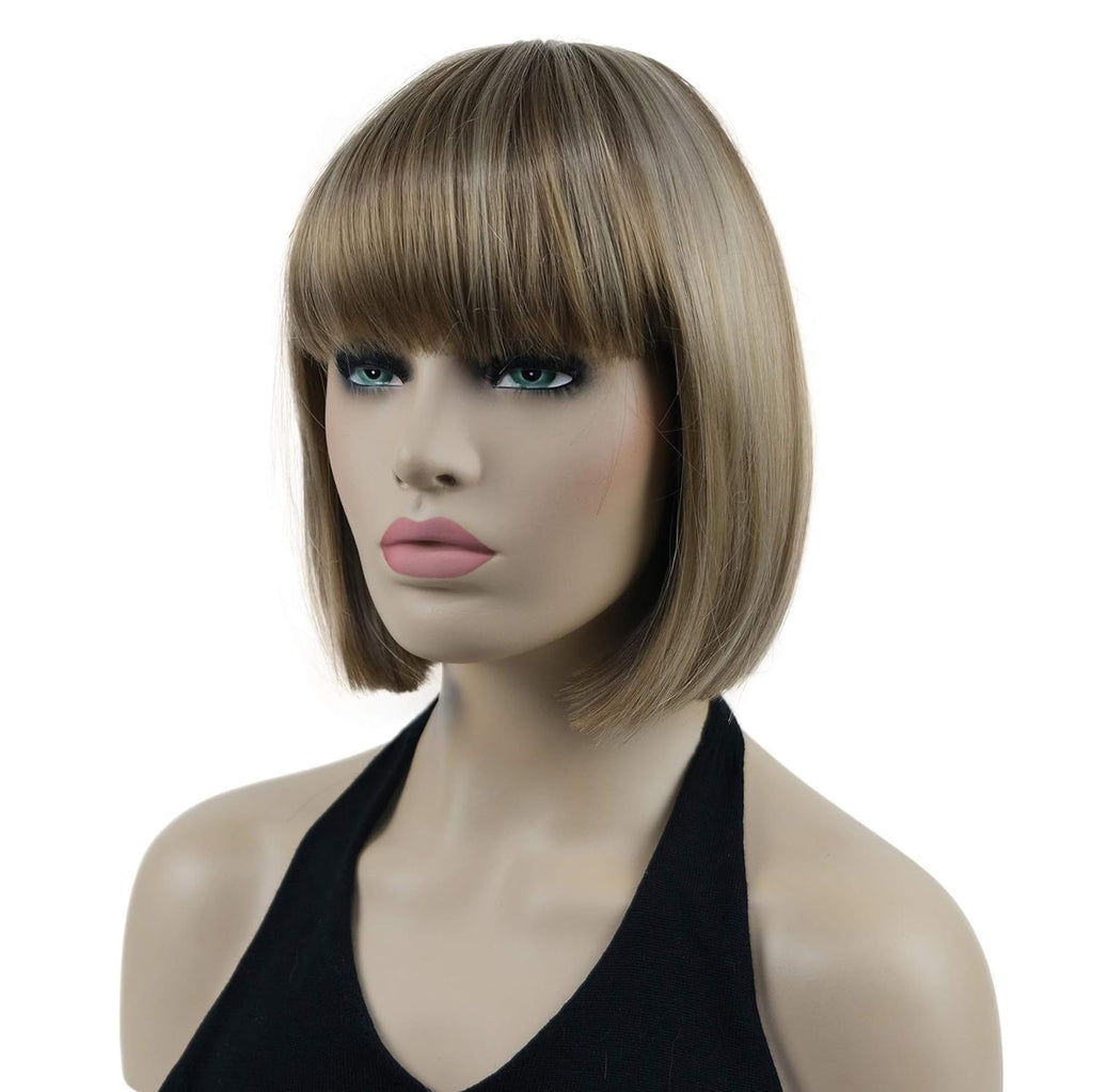 Lydell 8" Straight Short Bob Hair Flat Bangs Cute Central Dot Skin Top Heat Resistant Synthetic Wigs (14-24 Lt Golden Brown)