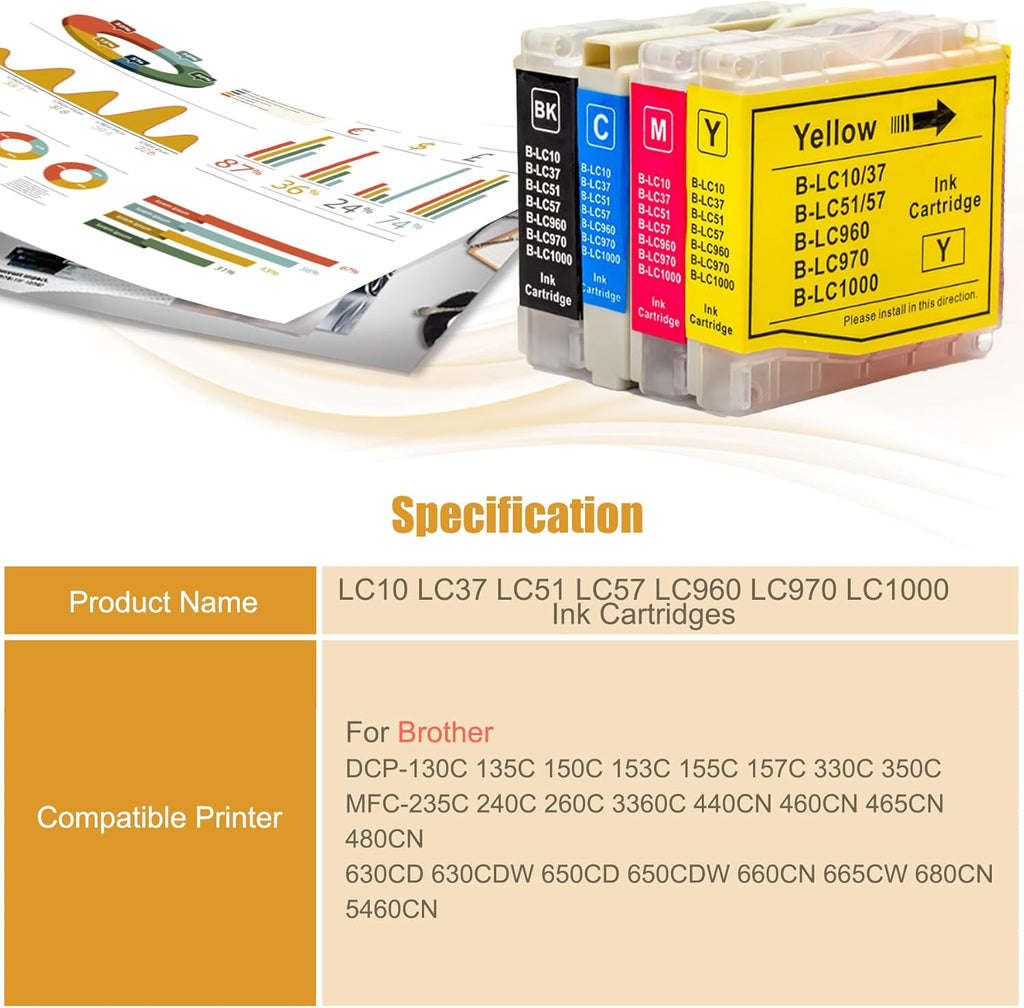 LC10 LC37 LC51 LC57 LC960 LC970 LC1000 High Yield Ink Cartridges, Compatible for Brother DCP-130C 135C 150C 153C 155C 157C 330C 350C MFC-235C 240C 260C 3360C 440CN 460CN Printers (1 Pack Black)