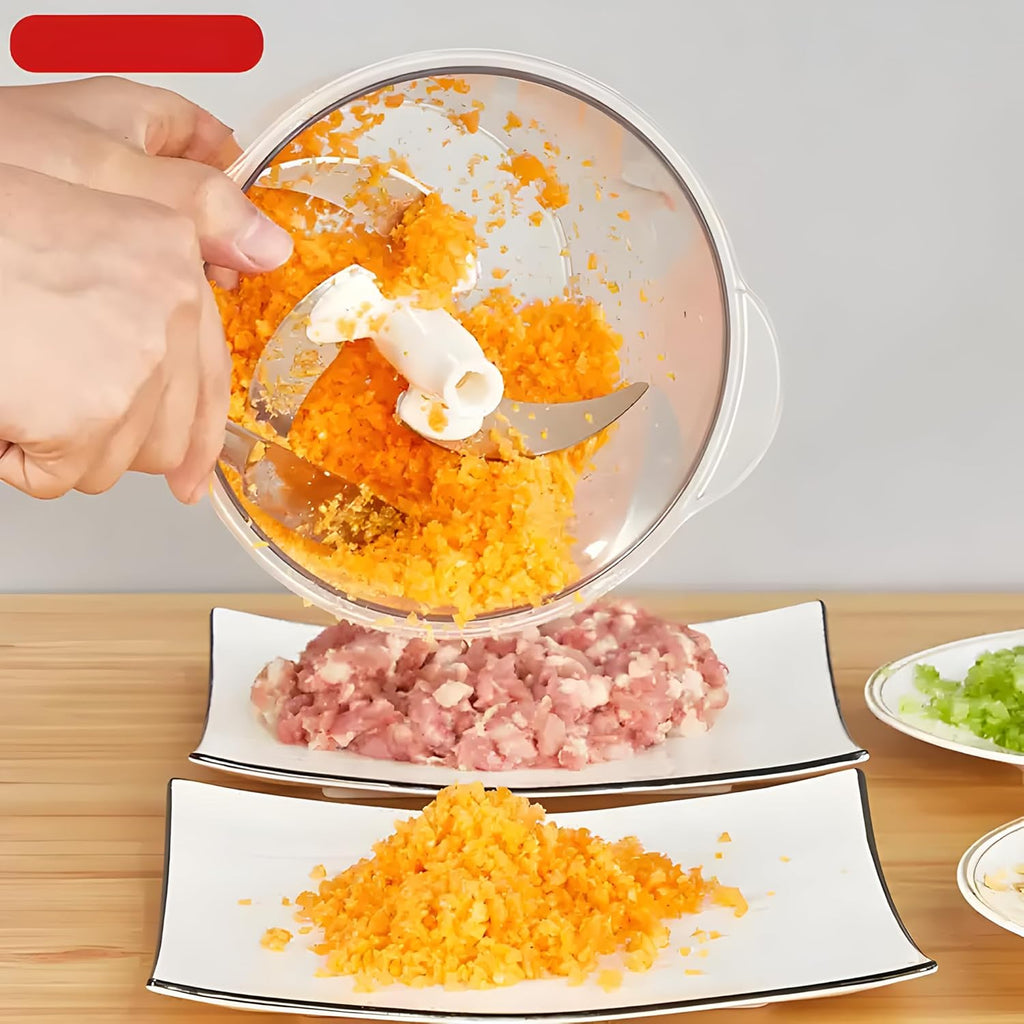 Food Chopper - 6 in 1 Manual Food Chopper Quick Press - 2L Large Vegetable Chopper - Perfect for Onion, Baby Food, Spices, Garlic, Fruits, Nuts and Meat Chops - 4 Blades