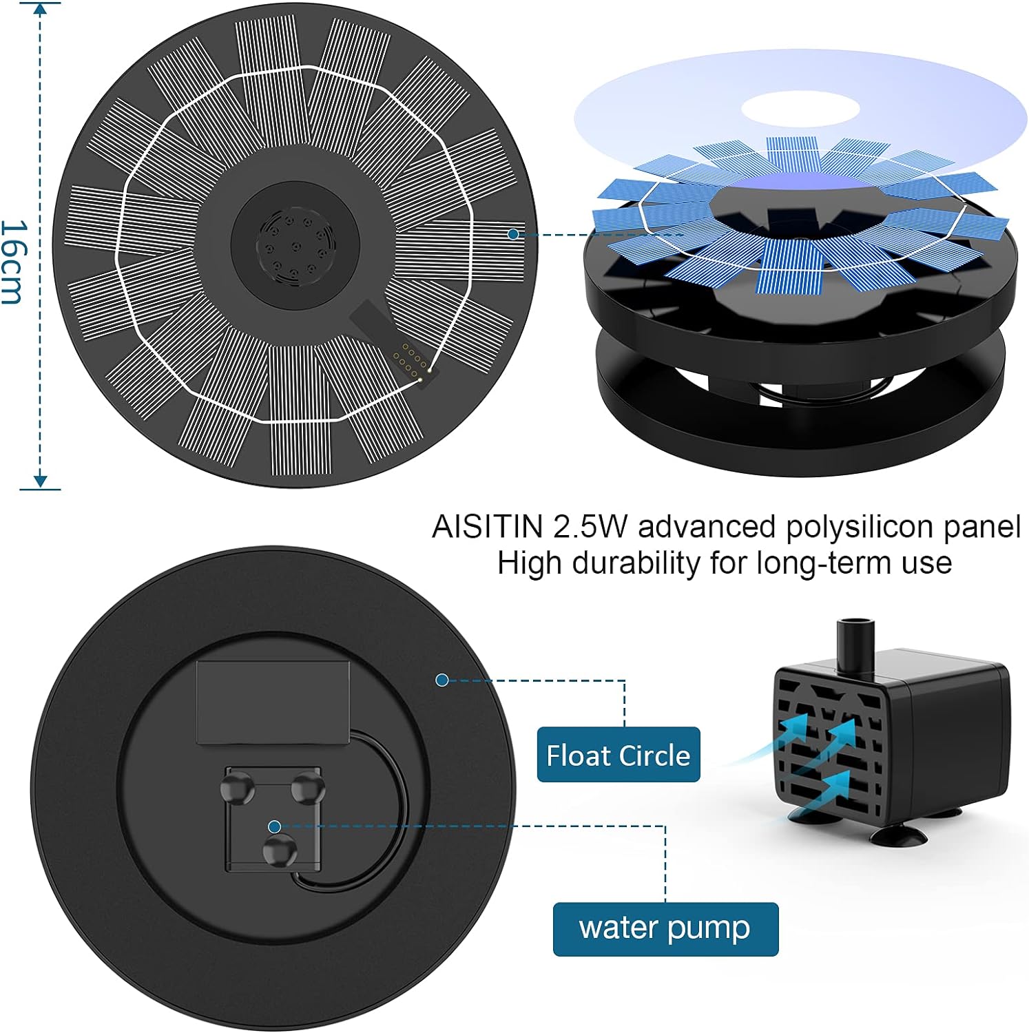 AISITIN 1.5W / 2.5W Solar Bird Bath Fountain with 6 Nozzles, Solar Fountain Pump for Bird Bath, 6.7" Solar Powered Floating Water Fountain Pump for Bird Bath, Ponds, Garden, Fish Tank and Outdoor