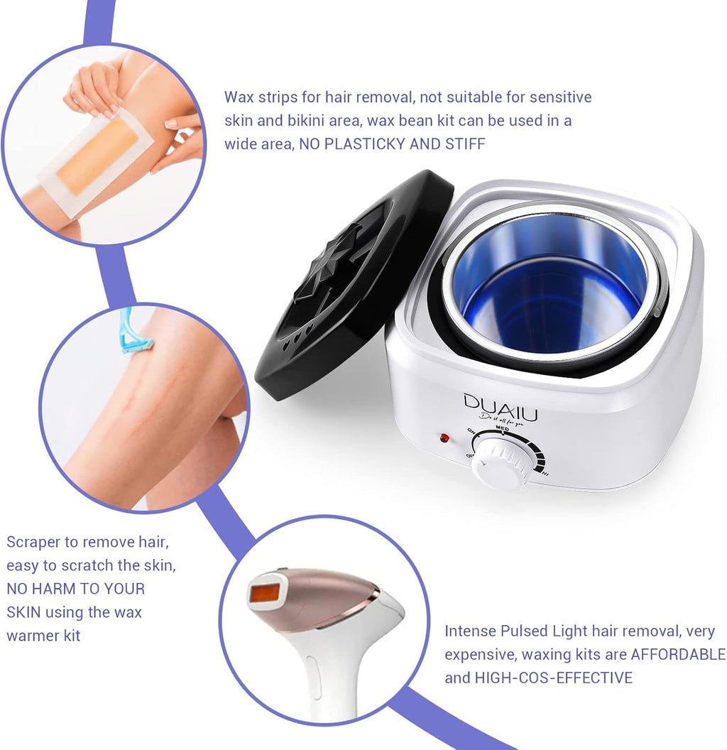 Waxing Kit DUAIU Wax Warmer Hair Removal Kit Wax Pot with 4 Packs of Hard Wax Beads 10 Wooden Spatulas Professional Waxing Kits for Women & Men Suit for Body Legs Face Bikini Line