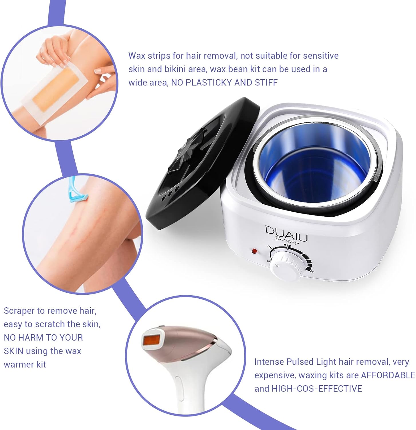 Waxing Kit DUAIU Wax Warmer Hair Removal Kit Wax Pot with 4 Packs of Hard Wax Beads 10 Wooden Spatulas Professional Waxing Kits for Women & Men Suit for Body Legs Face Bikini Line
