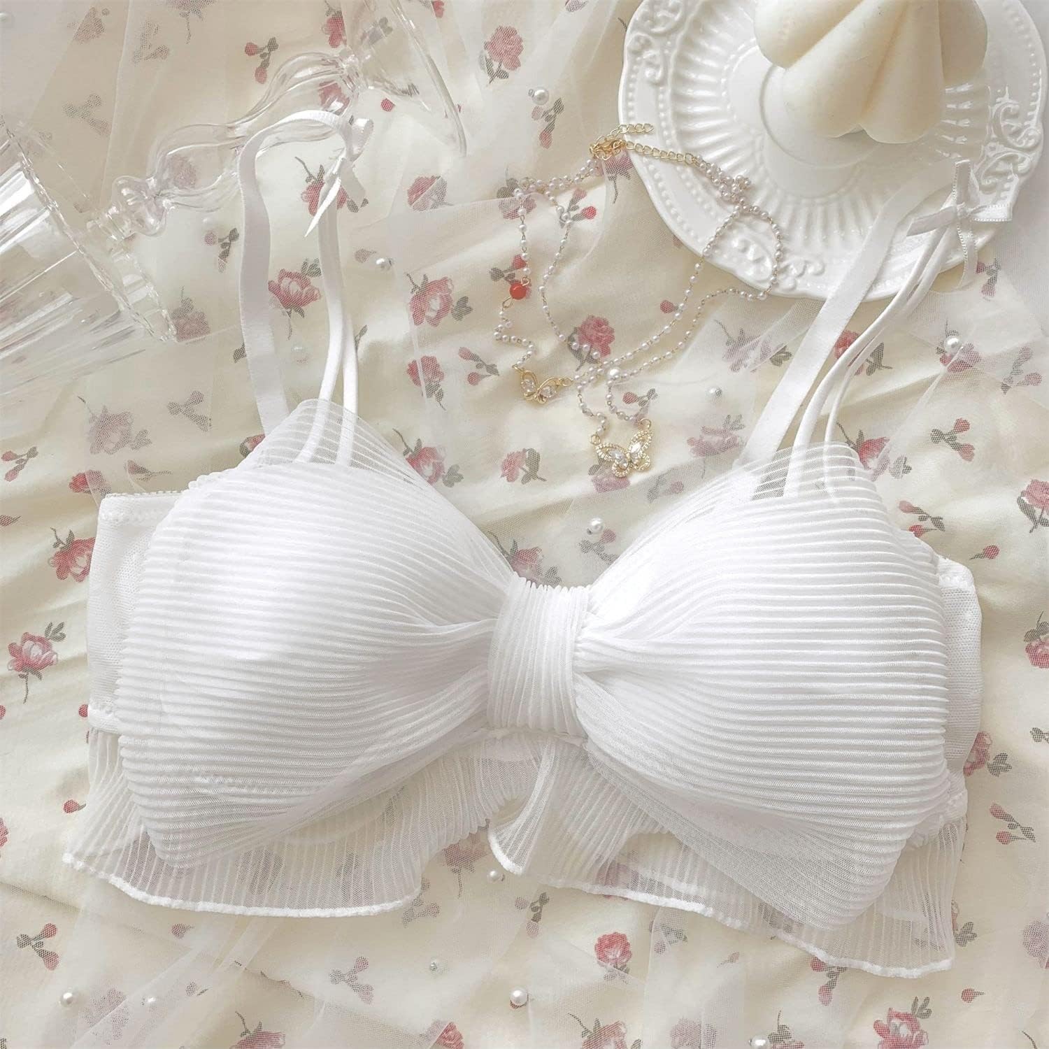 n/a Japanese bra, piano pleats, bow, comfortable, steel ring, sweet and nice underwear(Color : White, Size : 36/80(AB pass cup))