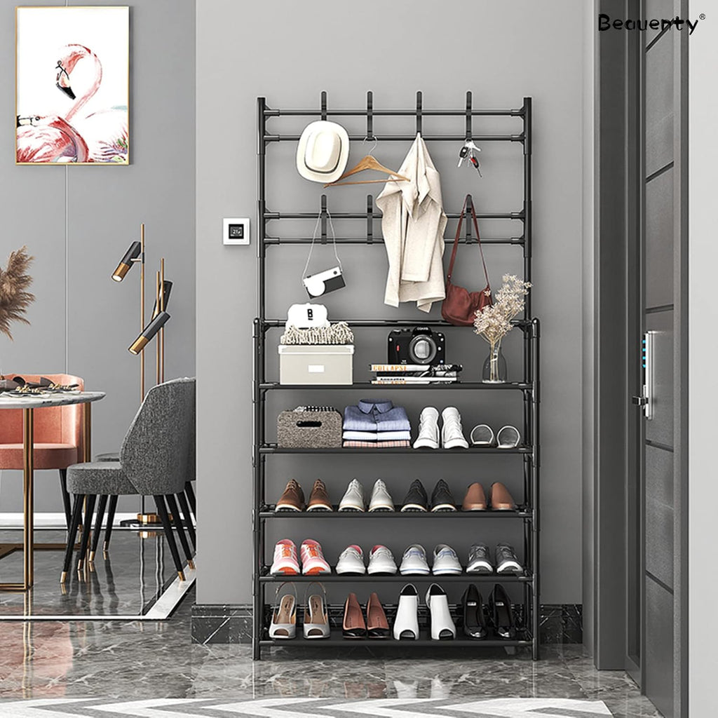 Multifunctional Shoe and Hat Rack - Hall Tree,Freestanding Shoe Rack, Coat Hat Umbrella Rack,Storage Shelves,Entryway Coat Rack,Organizer Closet for Bedroom,Cloakroom (5 Tier, Black)