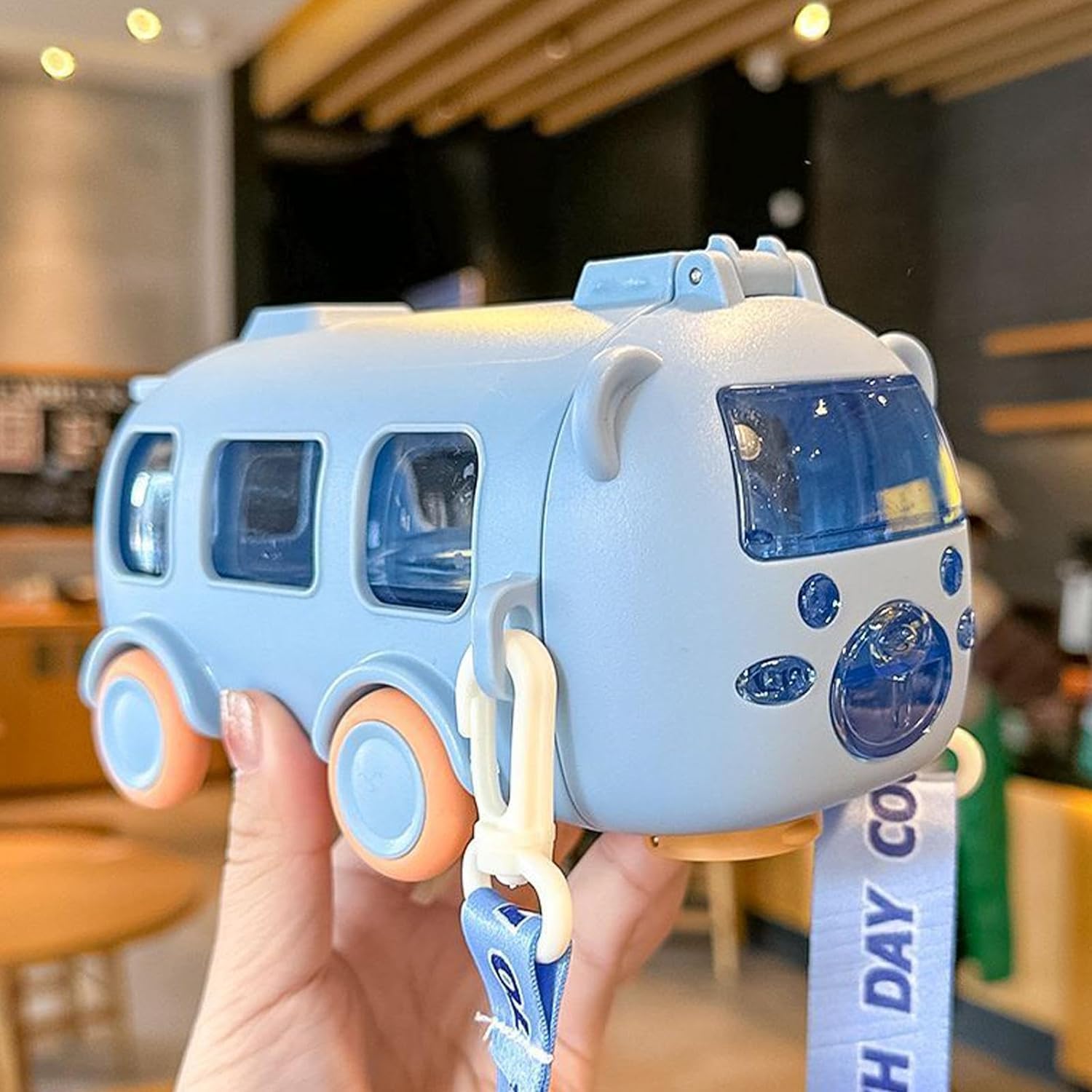 Bus Water Bottle For Kids Cute Portable Water Cup in Bus Shape 500ml Leakproof Toy Bus Water Bottle with Straw Adjustable Shoulder Strap for Girls Boys School Home Outdoor Drinking Bottle(blue)