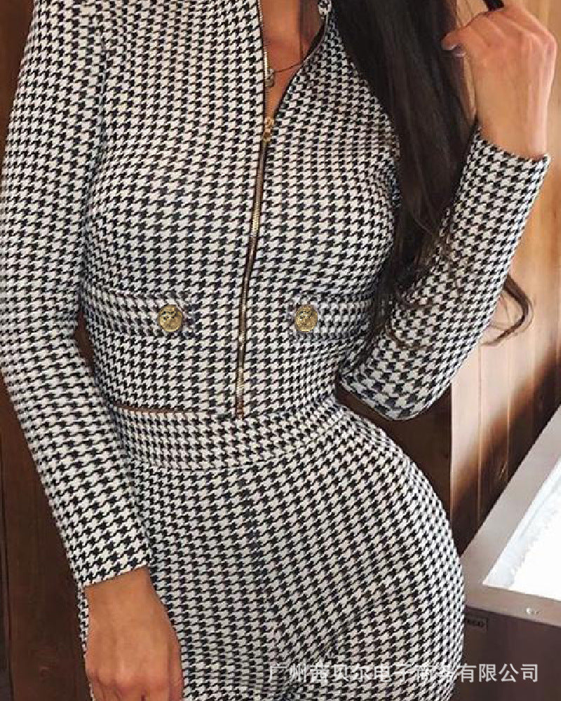 WEPBEL Elegant Houndstooth Women's Set Long Sleeve Jacket + Shorts Two-Piece Set Female 2024 Fashion New Party Runway Pants Suit