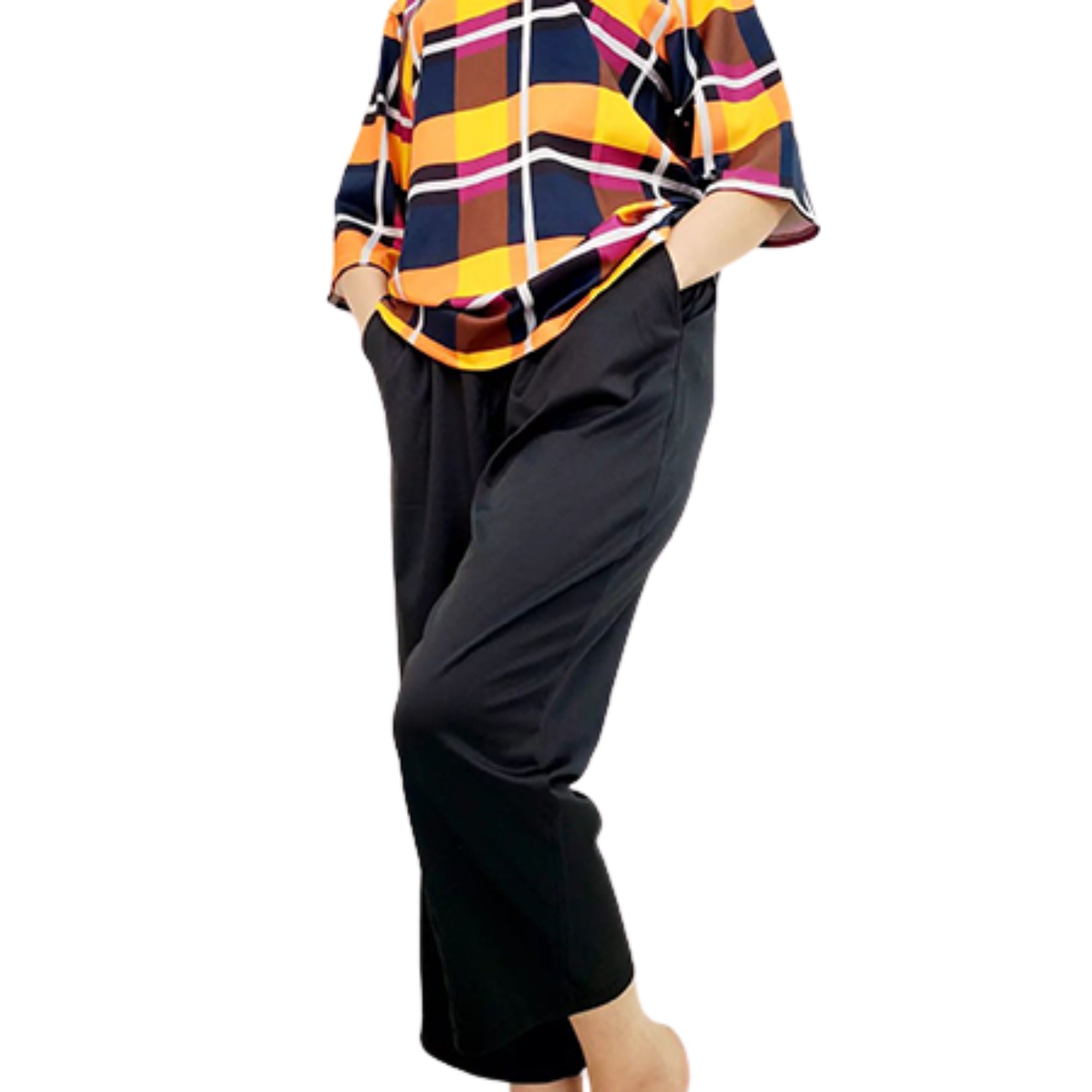 Plaid Comfort Set Women Two Piece Round Neck Design T-Shirt Pant Outfit