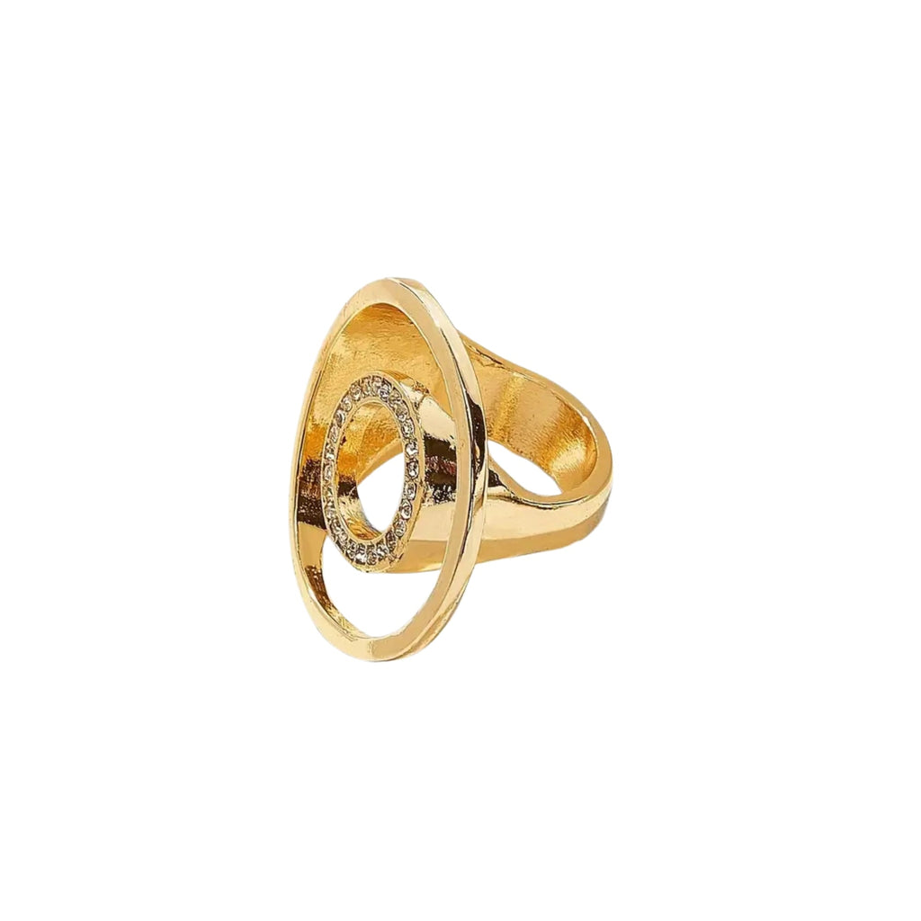 1pc Stylish Ring Exaggerated Hollow Circle Design 18k Gold Plated Inlaid Rhinestone Match Daily Outfits Party Accessory Suitable For Women