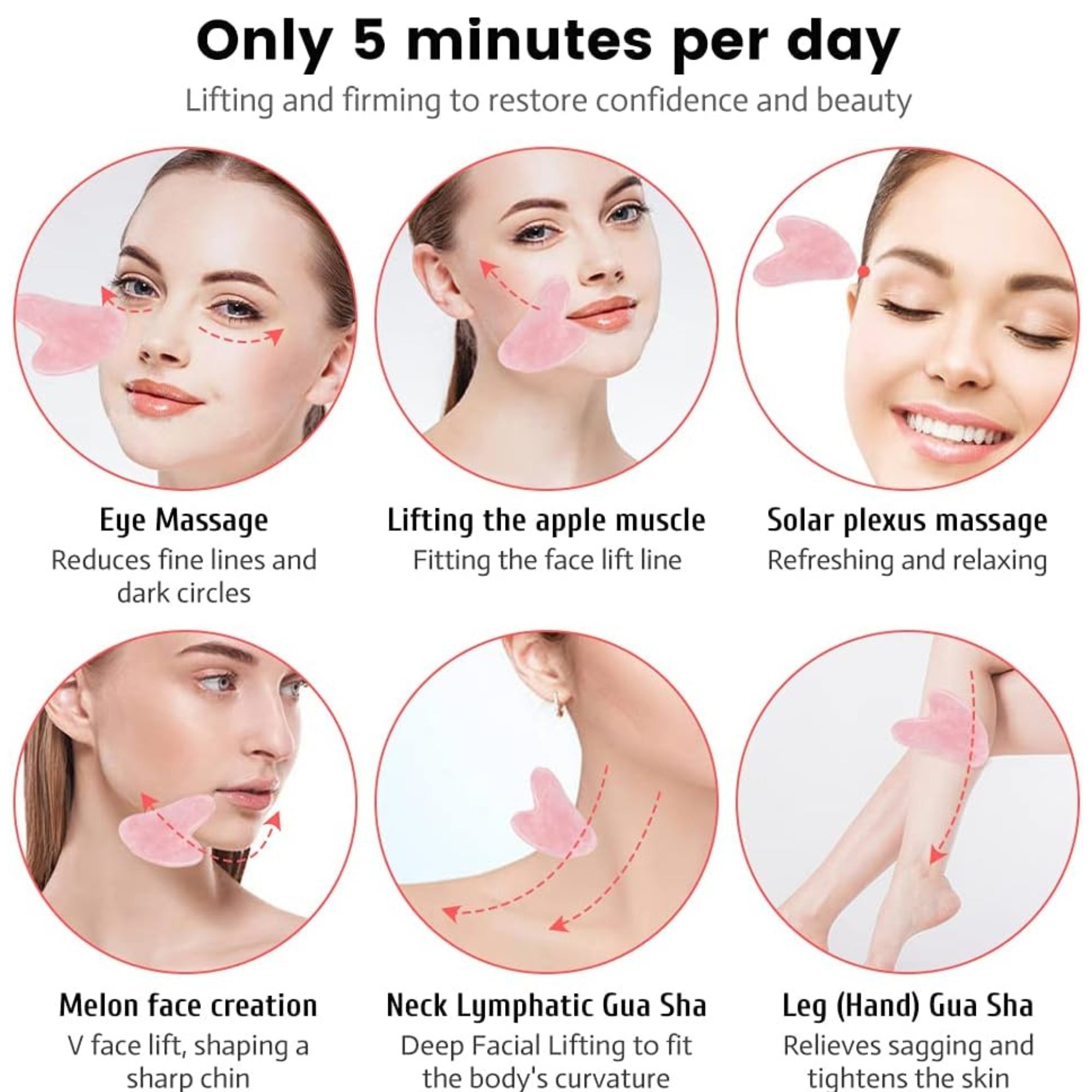 Gua Sha Stone Pink, Hillylolly Gua Sha Stone Face Pink, Gua Sha Stone Rose Quartz, Skin Tightening for Chin, Cheek, Neck, Back, Spa (Pink)