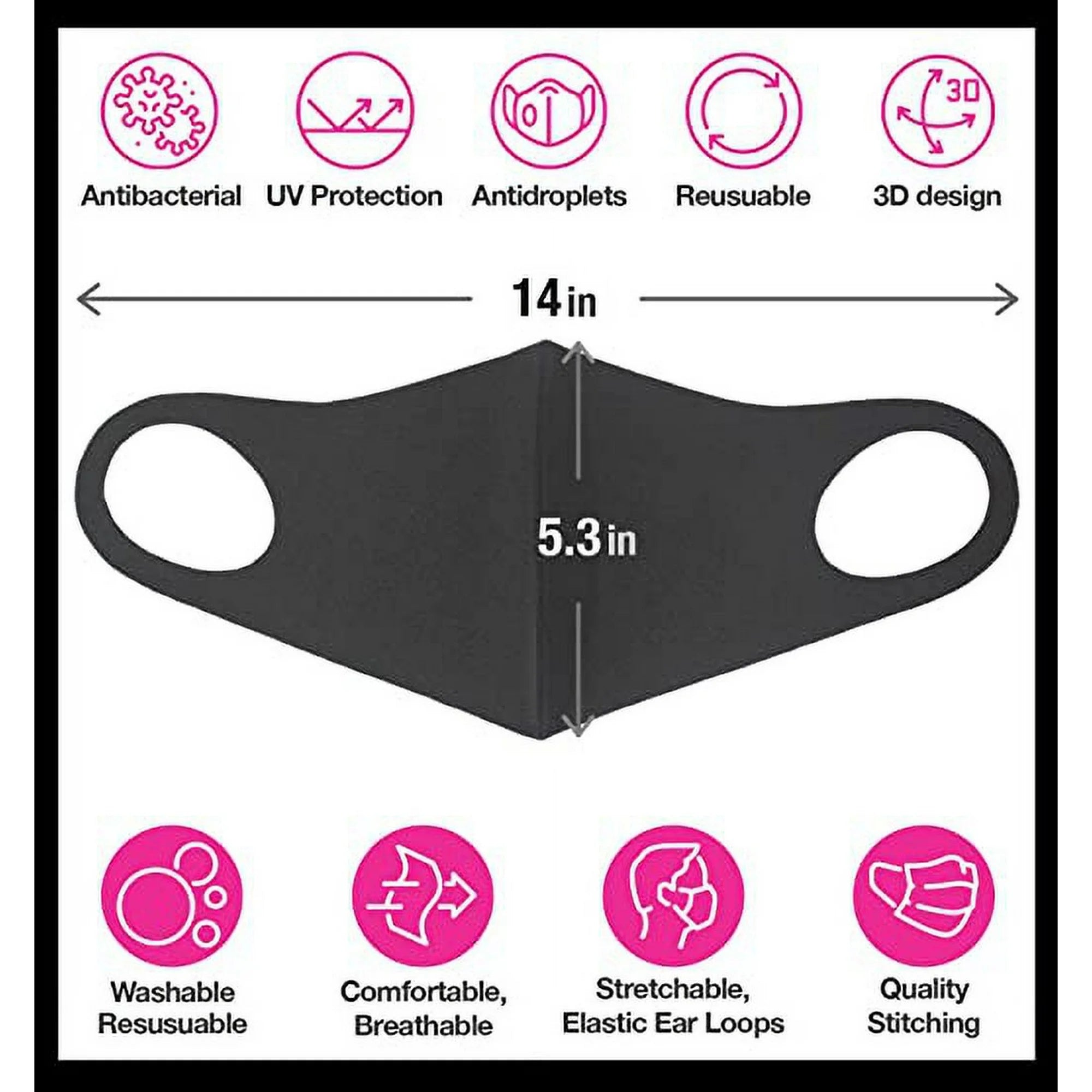 CBC Crown Unisex Adult 5 Pack Black Solid Color Reusable Cloth Face Mask