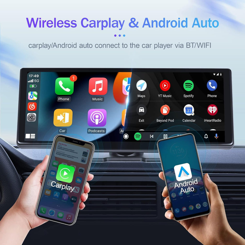 Dual Dash Cam Full HD 1080p Wireless Car Stereo with Apple CarPlay, Dash Cam, and 1080P Backup Camera. Portable Touchscreen GPS Navigation for Car, Bluetooth, AirPlay, AUX/FM, Google, Siri. Car Stereo Receiver