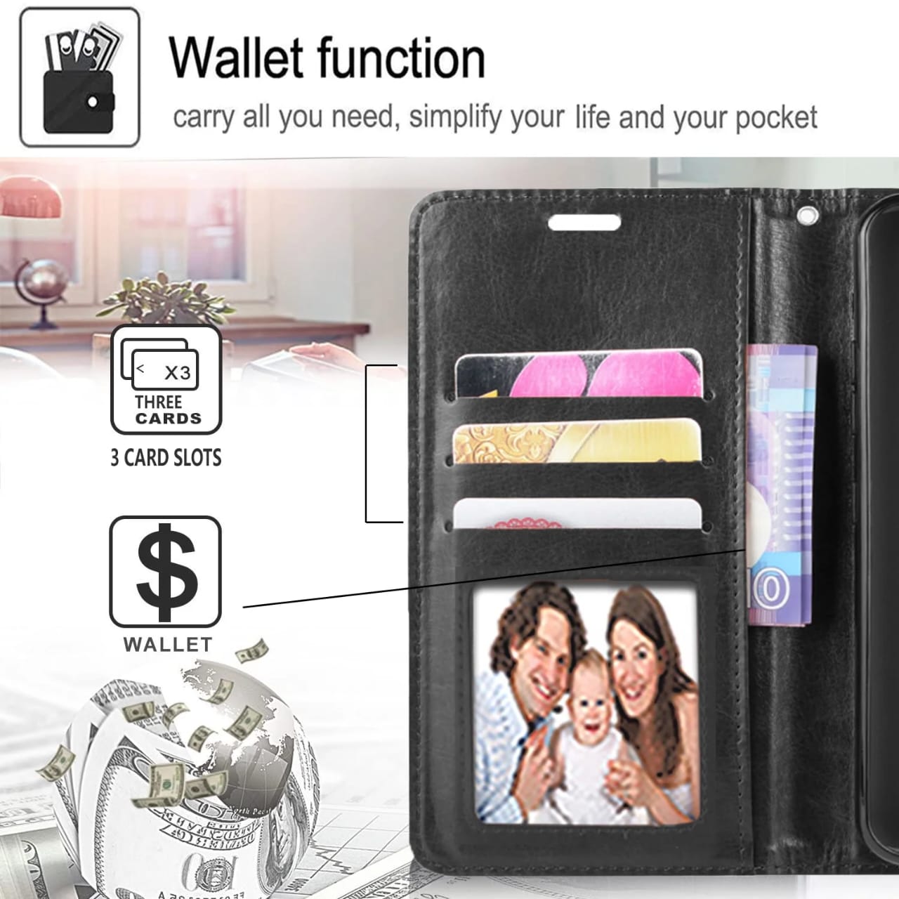 iPhone 11 Case, Included [Tempered Glass Screen Protector], Starshop Premium Leather Wallet Pocket Credit Card Slots-Black