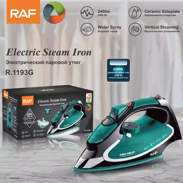 RAF Electric Steam Iron, Ceramic Coated Plate  Flat Iron Home Appliances 2400W, R.1193G