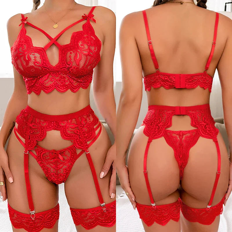 3-Pieces Women Pajamas Set Deep V-Neck Tops And Shorts Garters Pajama Suit Ladies Sling Nightwear Lingerie Babydoll