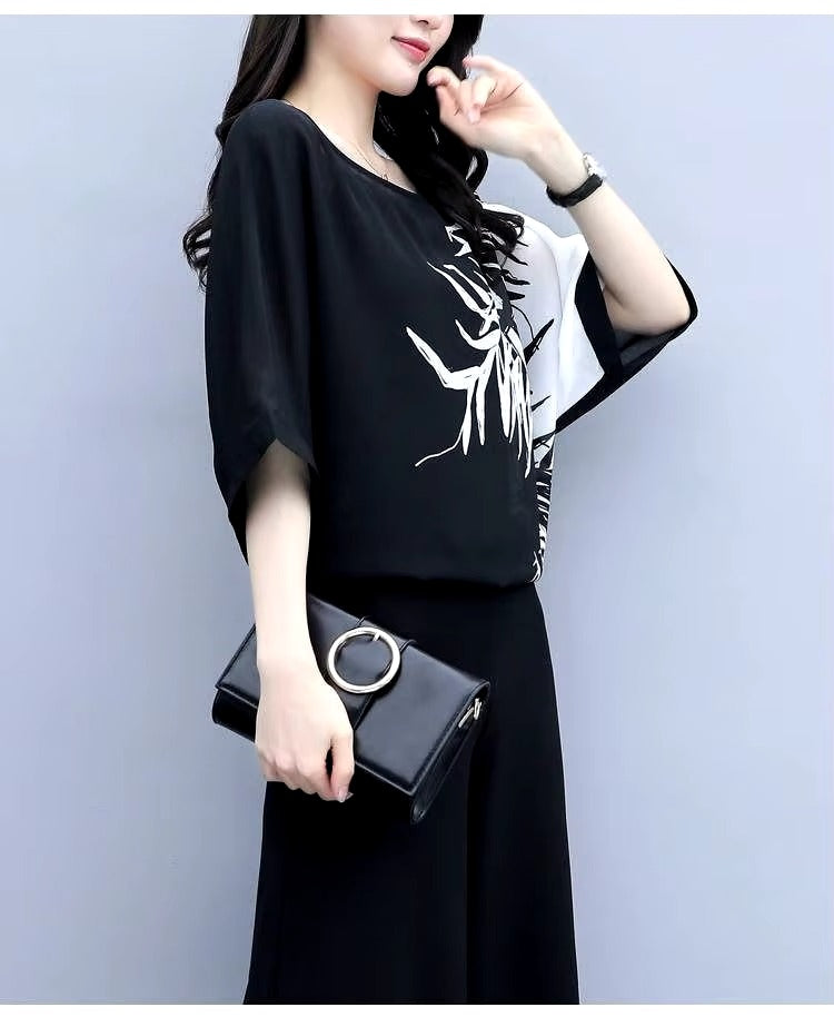 Women's Suit 2024 Summer New Chiffon Wide Leg Pants Outfits Socialite Hem Shirt Crop Top Two Piece Set Plus Size Clothing Women