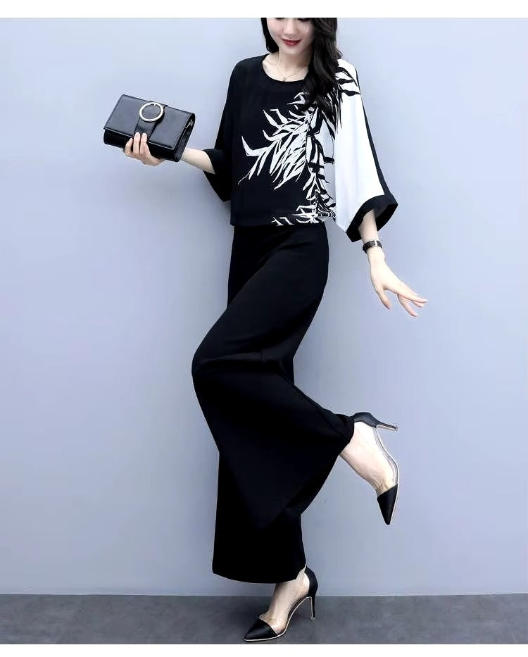 Women's Suit 2024 Summer New Chiffon Wide Leg Pants Outfits Socialite Hem Shirt Crop Top Two Piece Set Plus Size Clothing Women