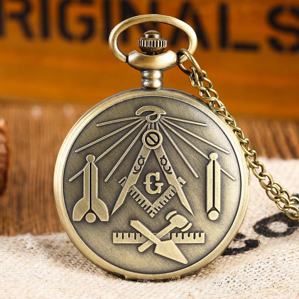 Retro Quartz Pocket Watch with Freemason Symbol