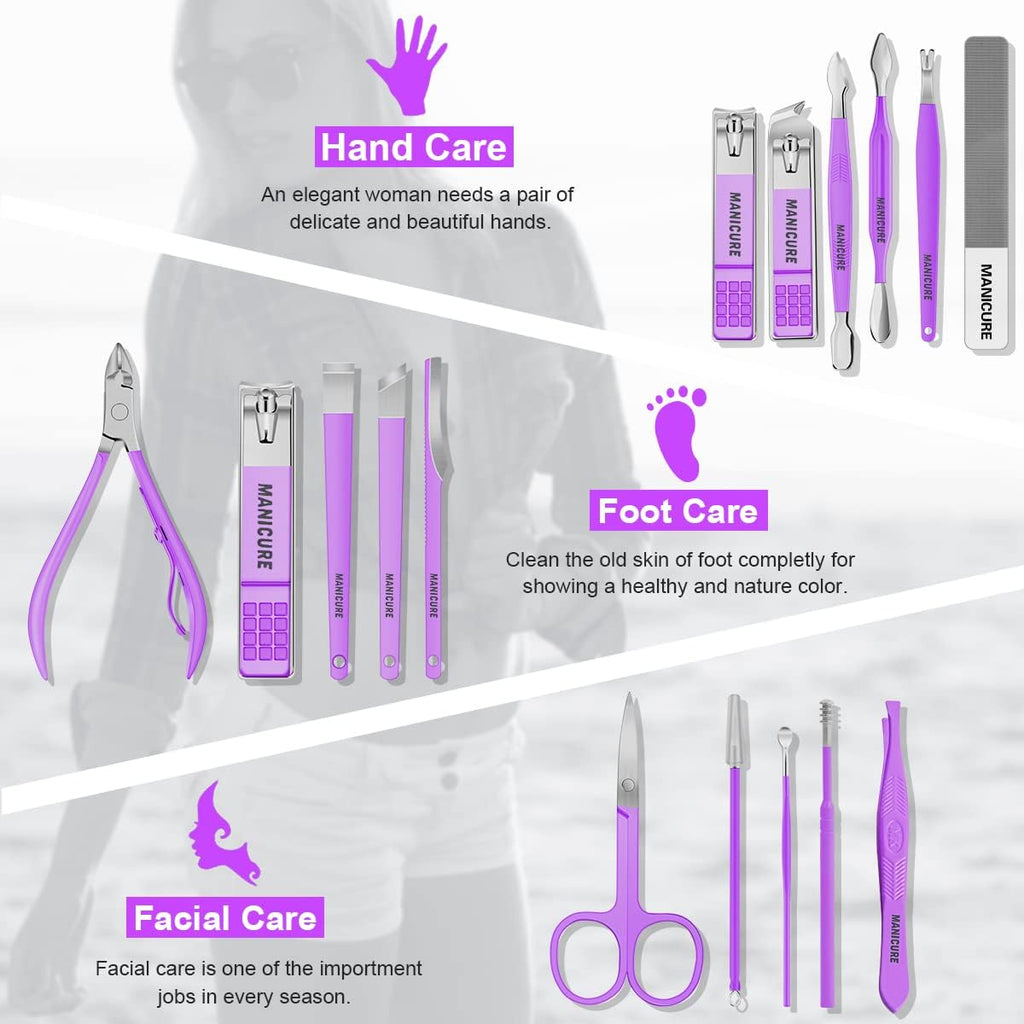 Leipple Manicure Set Professional Nail Clippers Pedicure Kit, 16 pcs Stainless Steel Nail Care Tools Grooming Kit with Luxurious Travel Leather Case for Thick Nails Men Women Gift (Violet) - Gulybaba - Genuine products online Marketplace in Pakistan