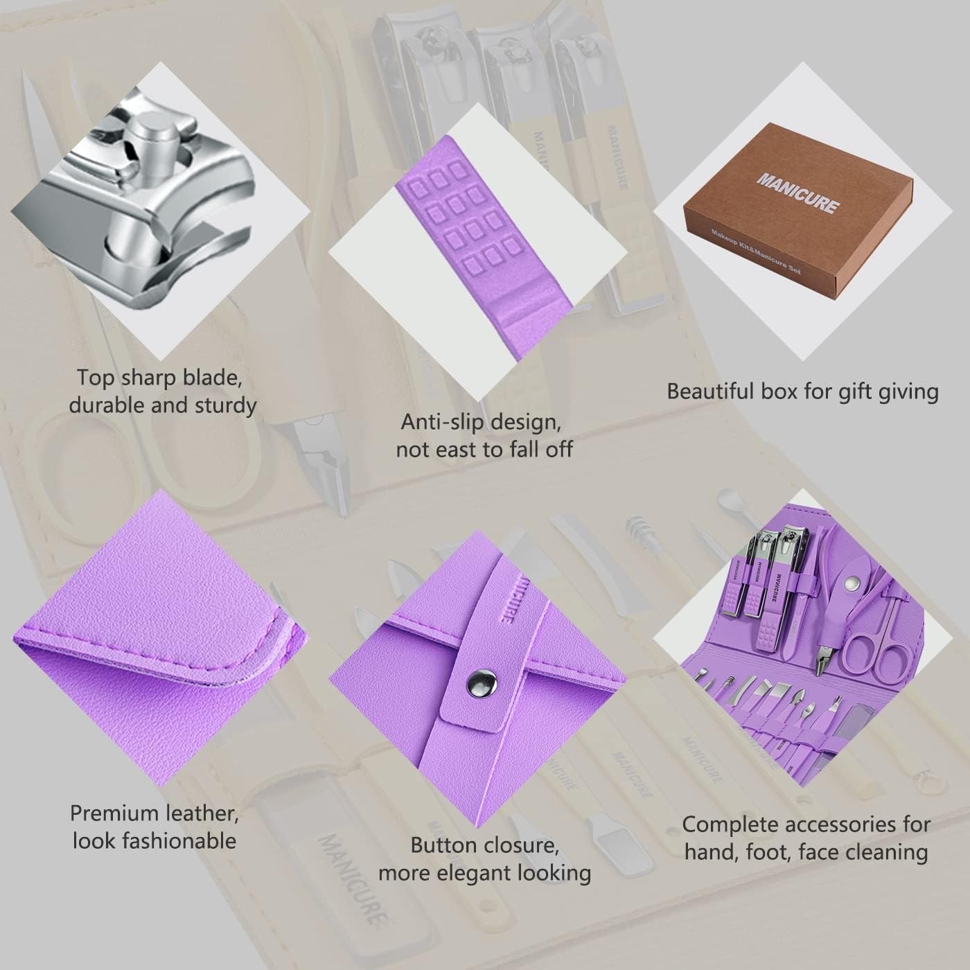 Leipple Manicure Set Professional Nail Clippers Pedicure Kit, 16 pcs Stainless Steel Nail Care Tools Grooming Kit with Luxurious Travel Leather Case for Thick Nails Men Women Gift (Violet) - Gulybaba - Genuine products online Marketplace in Pakistan