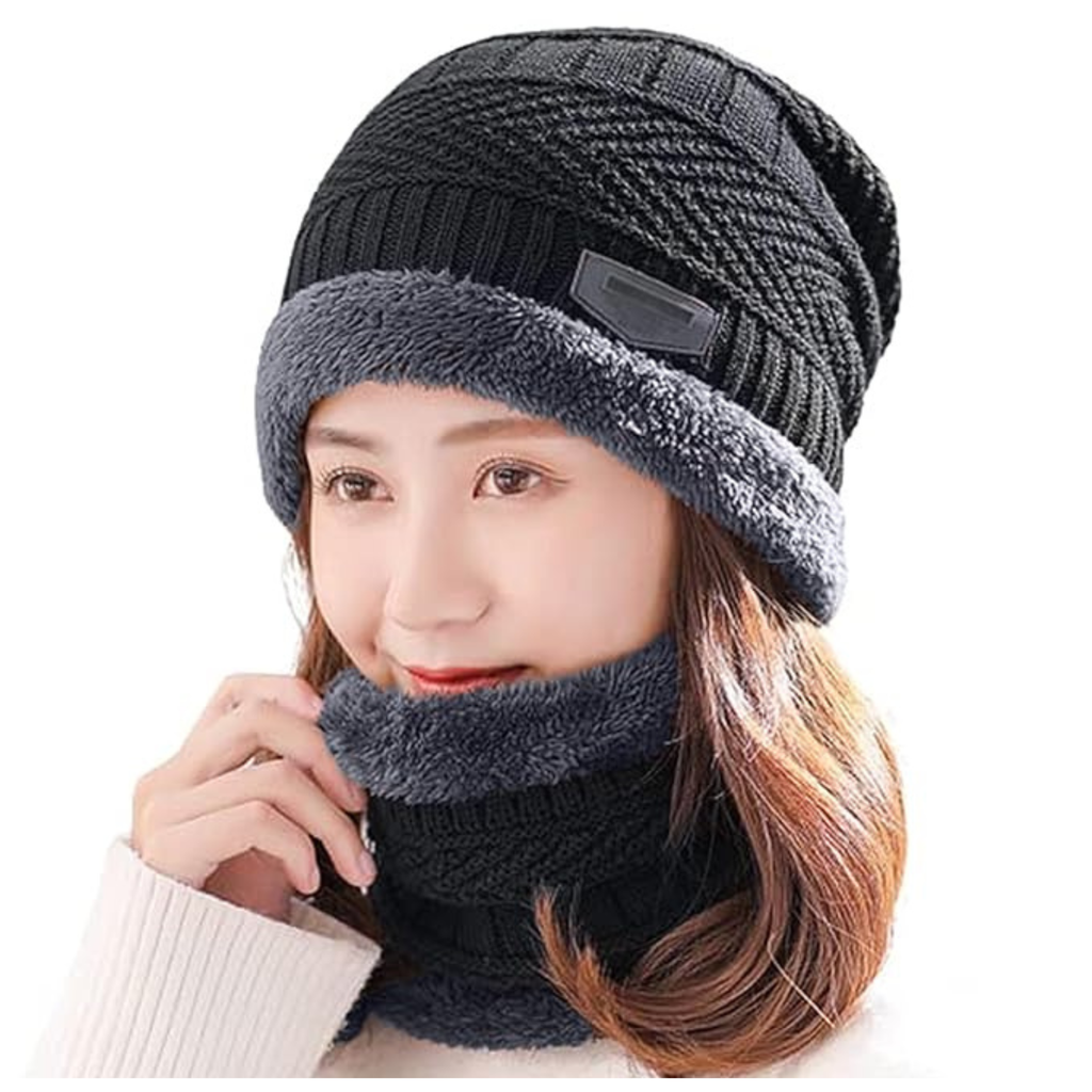 Winter Cap Set Caps with Fur Lining, Beanie Cap & Muffler for Men & Women| Beanie Cap| Woolen Topaa| Winter Cap| Head & Neck Warmer| Black Color| 1 Set|