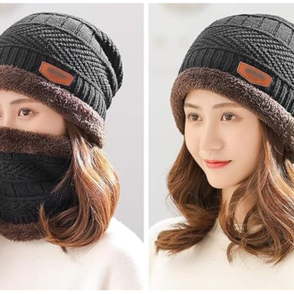 Winter Cap Set Caps with Fur Lining, Beanie Cap & Muffler for Men & Women| Beanie Cap| Woolen Topaa| Winter Cap| Head & Neck Warmer| Black Color| 1 Set|