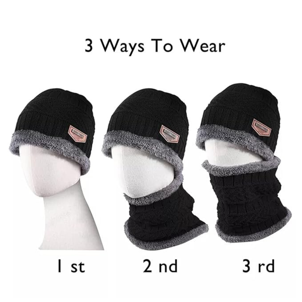 Winter Cap Set Caps with Fur Lining, Beanie Cap & Muffler for Men & Women| Beanie Cap| Woolen Topaa| Winter Cap| Head & Neck Warmer| Black Color| 1 Set|