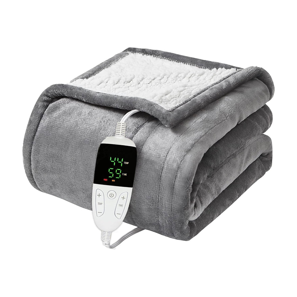 Electric Blanket 150x180cm Heated Throw Blanket with 6 Heat Levels & Up to 9 Hours Timer Flannel Sherpa Fast Heating | Machine Washable Comes with Lap Blanket | Double to King | Grey