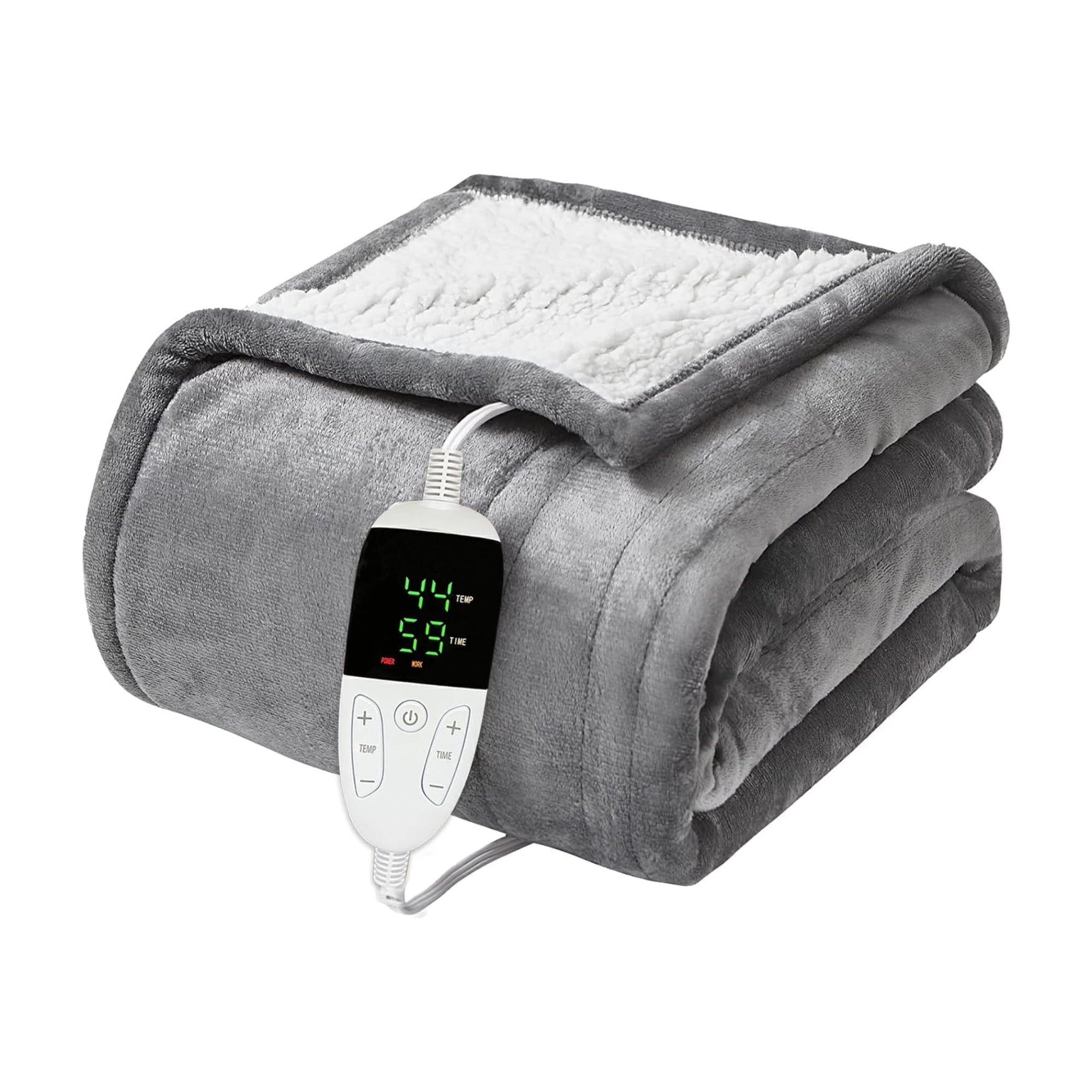 Electric Blanket 150x180cm Heated Throw Blanket with 6 Heat Levels & Up to 9 Hours Timer Flannel Sherpa Fast Heating | Machine Washable Comes with Lap Blanket | Double to King | Grey