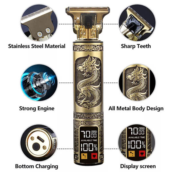 T9 Hair Clipper Electric Clipper Hairdressing USB Electric Three-Speed Speed Adjustment Large-Screen Power Display Metal Shaver(Three-Speed Dragon)